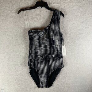 Calvin Klein‎ Swimsuit Women 10 Black White Striped Stretch One Shoulder S9883